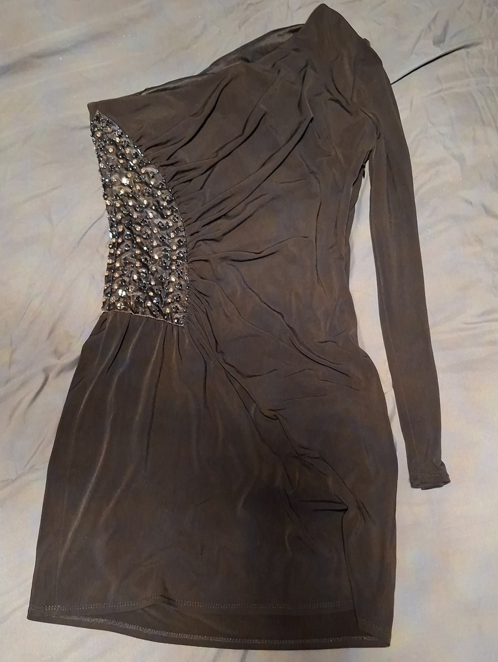 Laundry By Shelli Segal Charcoal One-Shoulder Embellished Mini Dress